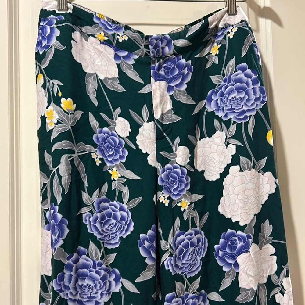 Merona women floral wide leg high rise crop ZipUp pants pockets rayon size L
